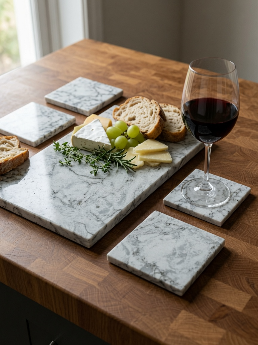 Quartzo Grigio board and coasters on butcher block with wine