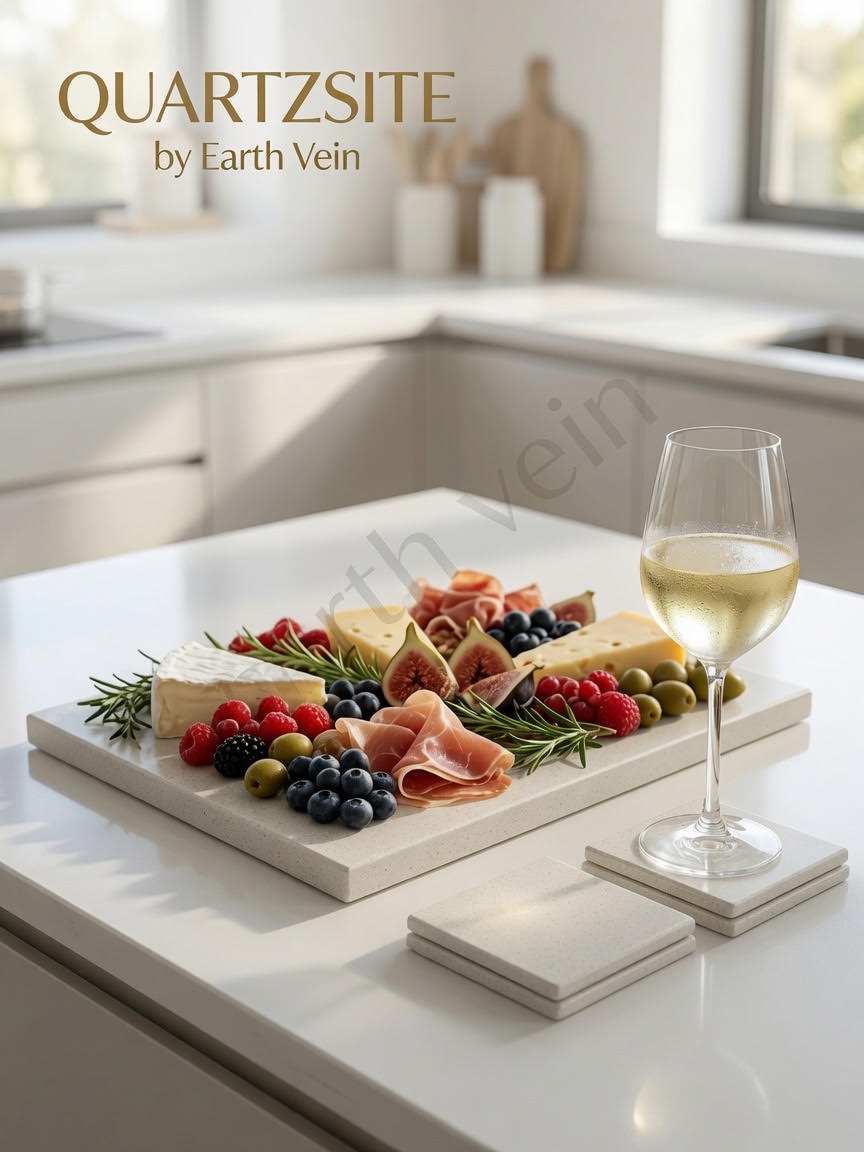 Quartzsite — Charcuterie Board in speckled cultured stone with four matching coasters, fruit, cheese and wine