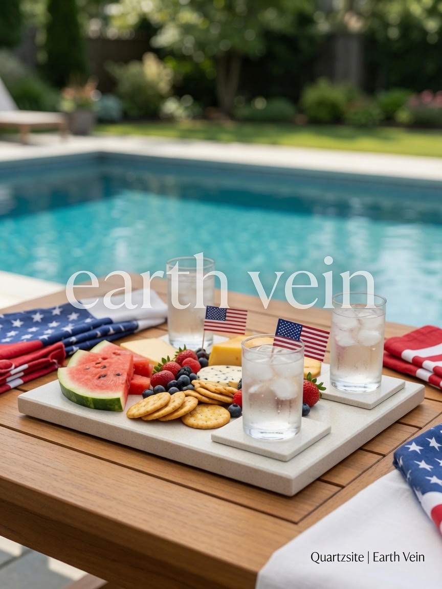 Quartzsite — Charcuterie Board in speckled cultured stone with matching coasters, fruit, crackers, and drinks
