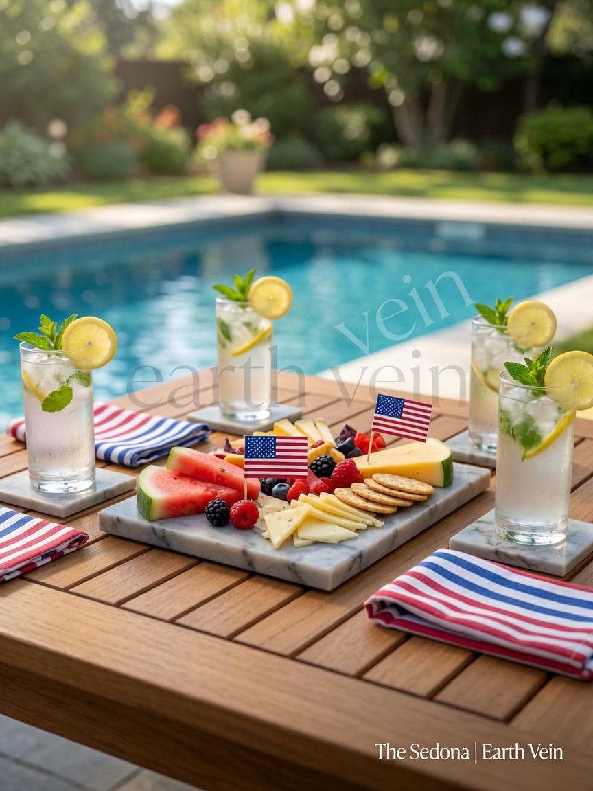 Sedona — Charcuterie Board in gray cultured stone with flowing veining, styled with cheeses, fruit, crackers and coasters