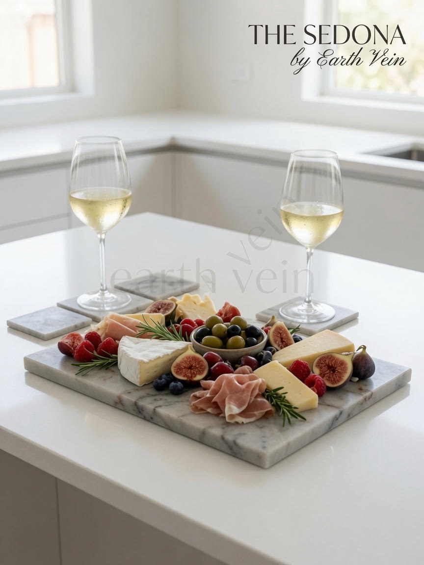 The Sedona charcuterie board styled with wine, cheese, and fruit in a modern kitchen
