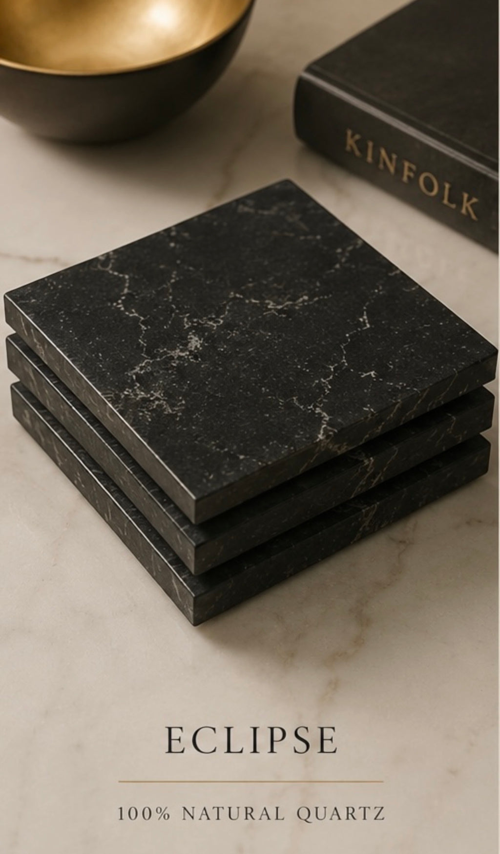 Eclipse™ Black Quartz Coaster Set 4pc. Luxury Natural Stone