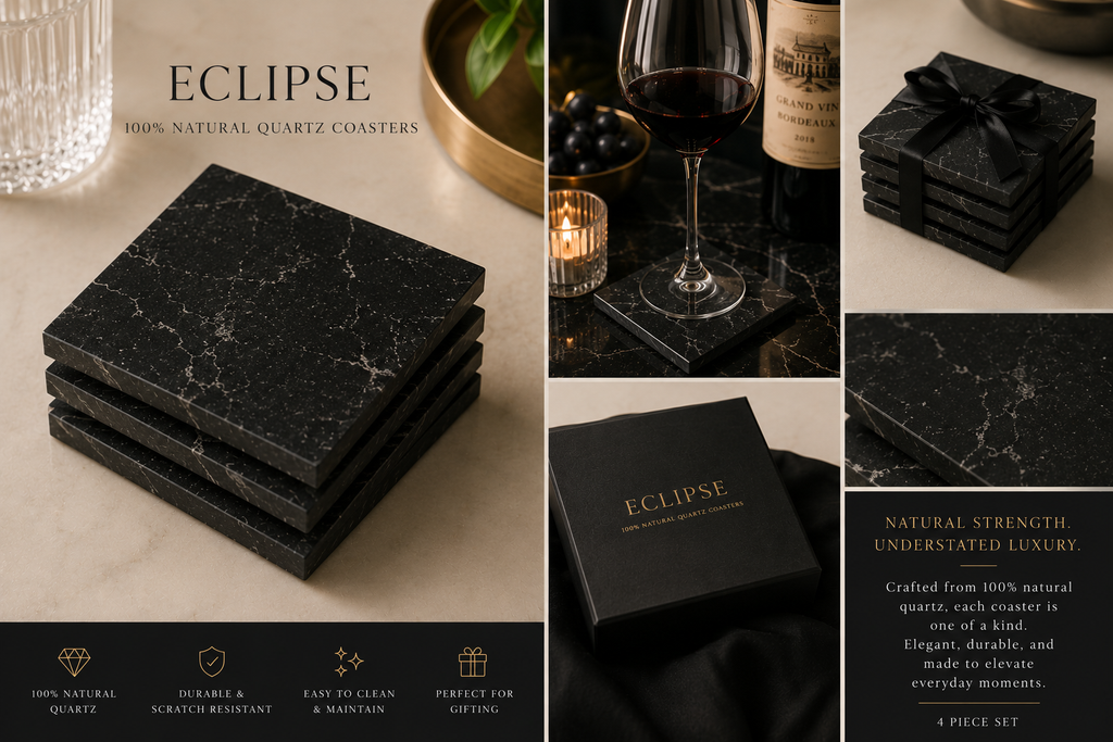 Eclipse™ Black Quartz Coaster Set 4pc. Luxury Natural Stone