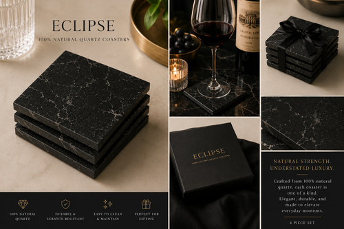 Eclipse™ Black Quartz Coaster Set 4pc. Luxury Natural Stone
