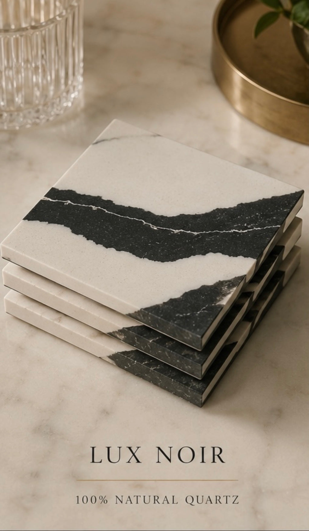Lux Noir™ 4-Piece Quartz Coaster Set Midnight Vein Collection