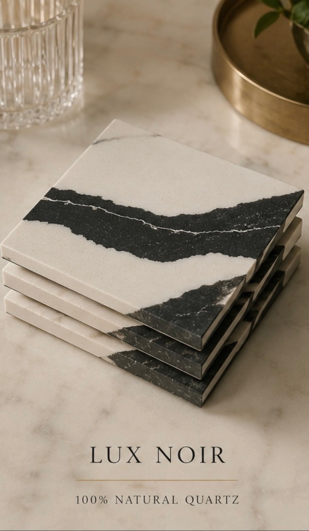 Lux Noir™ 4-Piece Quartz Coaster Set Midnight Vein Collection