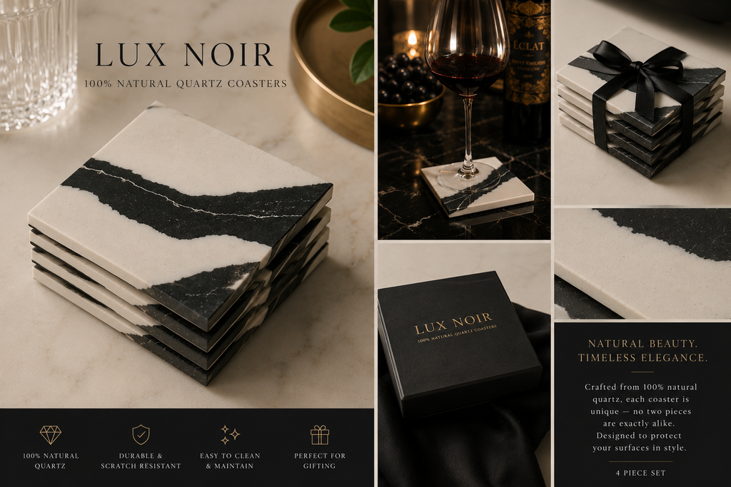 Lux Noir™ 4-Piece Quartz Coaster Set Midnight Vein Collection