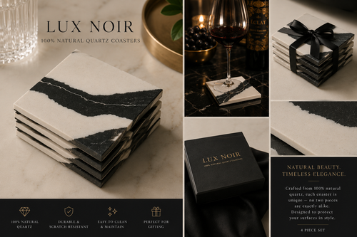 Lux Noir™ 4-Piece Quartz Coaster Set Midnight Vein Collection