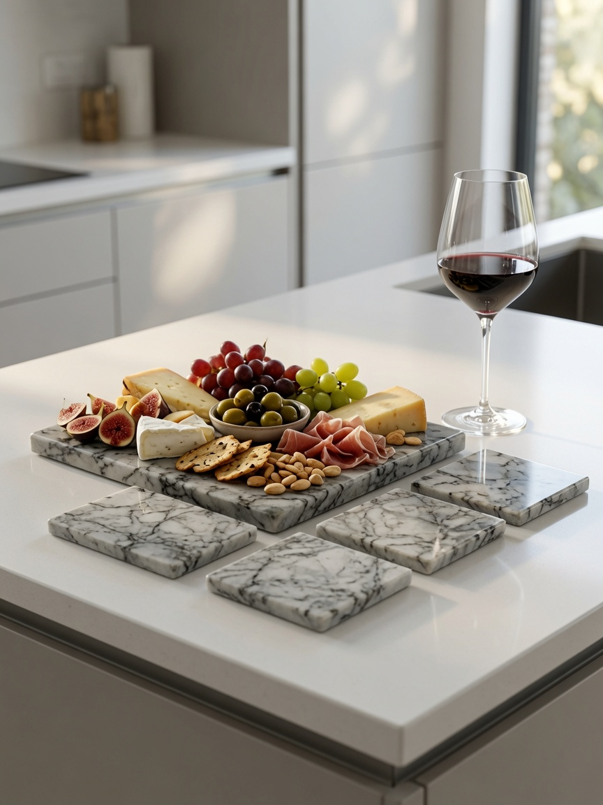 Quartzo Grigio styled on kitchen island with charcuterie spread