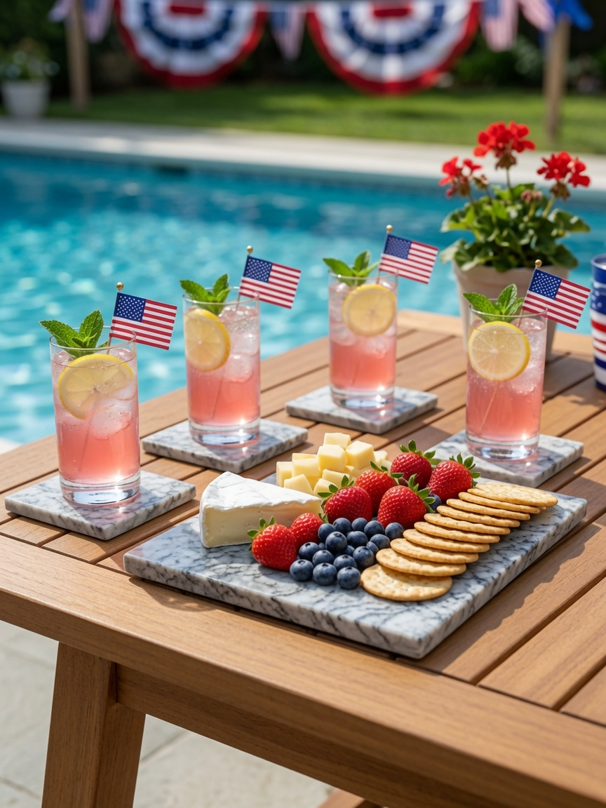 Quartzo Grigio coasters and board at outdoor poolside gathering