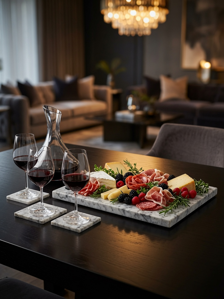 Quartzo Grigio on dining table with wine and charcuterie