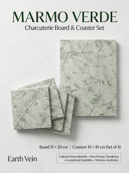Marmo Verde cultivated quartz charcuterie board and coaster set with pale green veining and polished finish