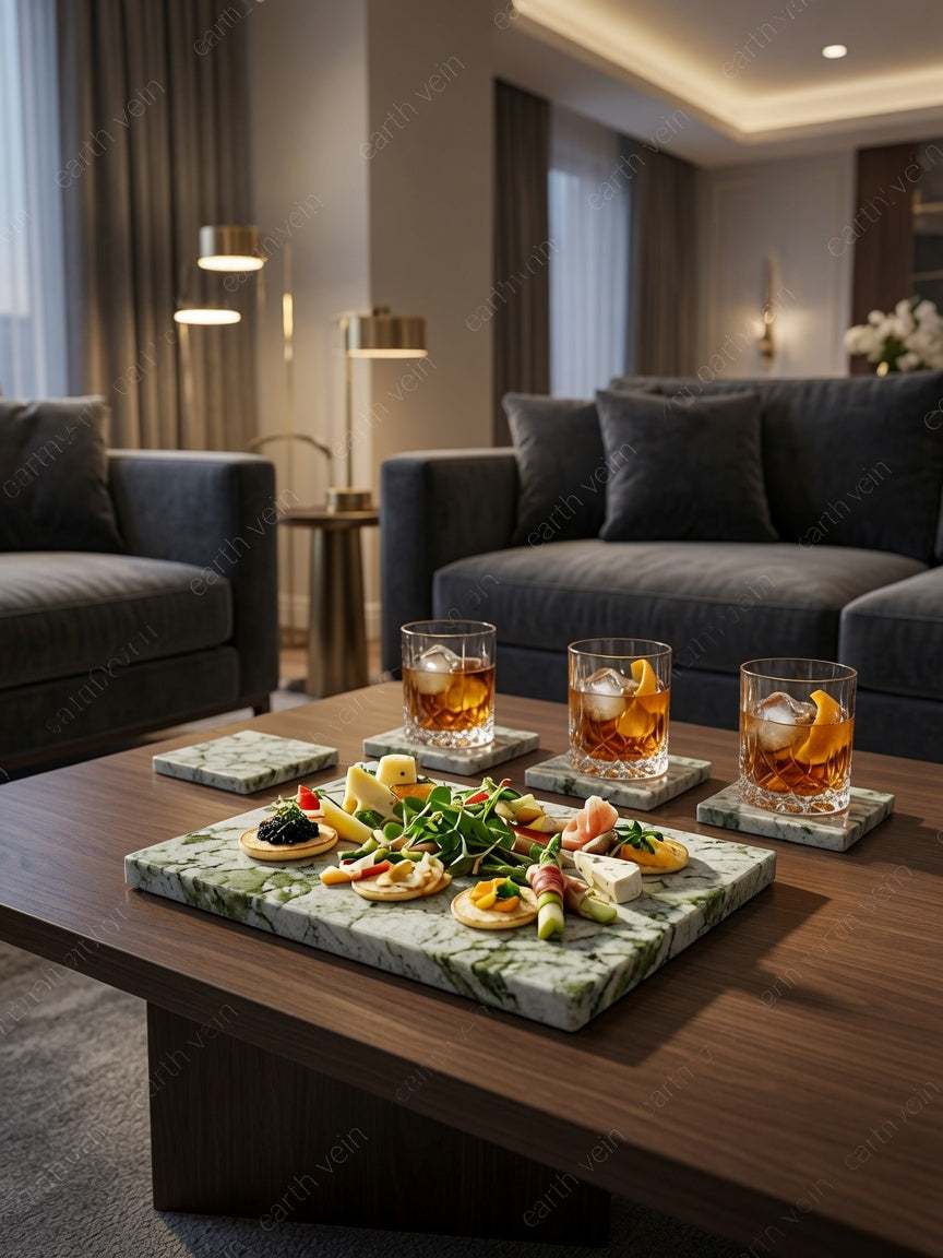Marmo Verde green-veined polished quartz serving board with matching coasters, arranged with cheese and drinks