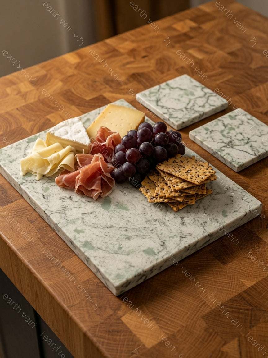 Marmo Verde green-veined quartz serving board and coasters with polished stone surfaces, cheese, grapes and crackers