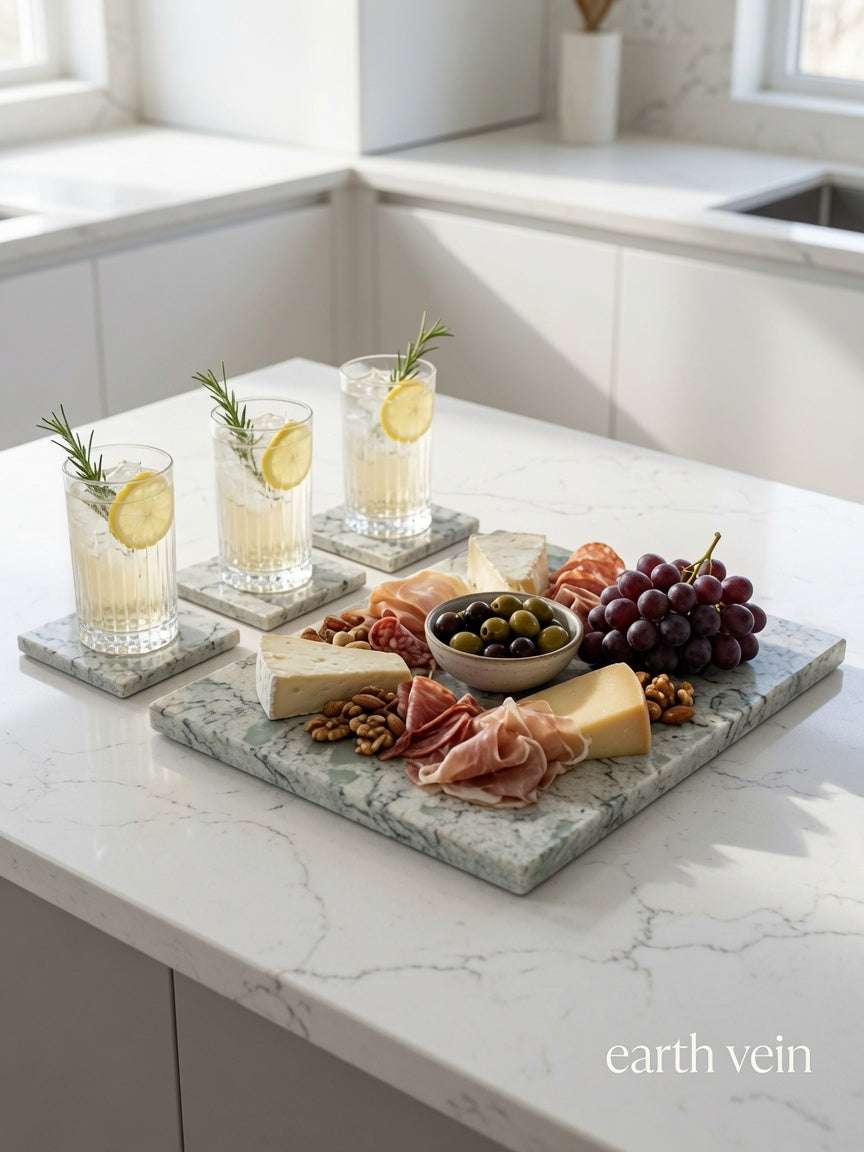 Marmo Verde cultivated quartz serving board with green veining, cheese, fruit, and matching coasters