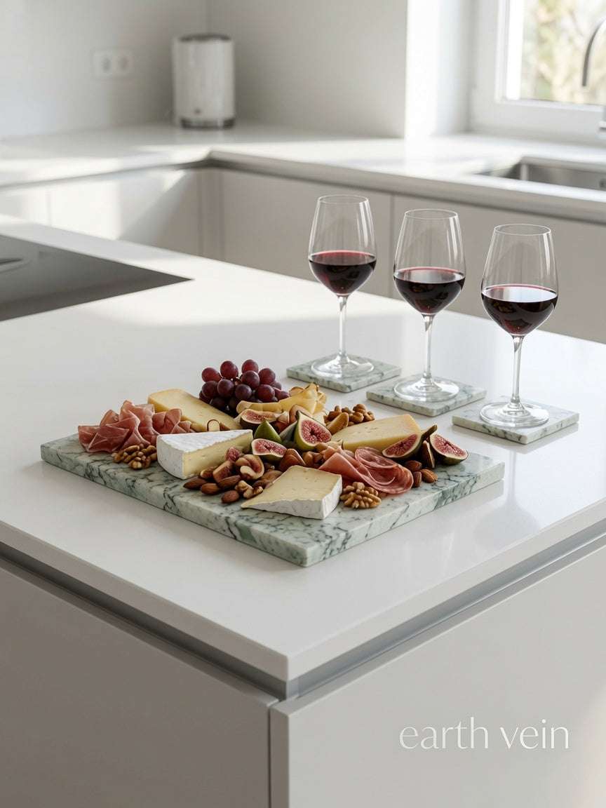 Marmo Verde serving board with green-veined quartz, cheeses, cured meats, fruit and nuts, beside matching coasters