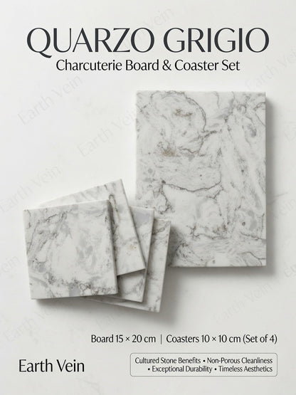 Quartzo Grigio cultured stone charcuterie board and four grey veined marble-pattern coasters