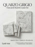 Quartzo Grigio cultured stone charcuterie board and four grey veined marble-pattern coasters