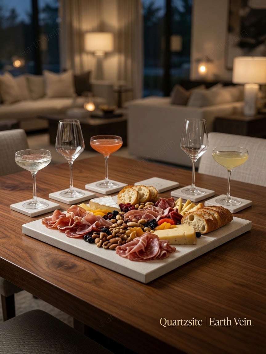 Quartzsite — Charcuterie Board cultured stone serving board with matching coasters, loaded with meats, cheese and fruit