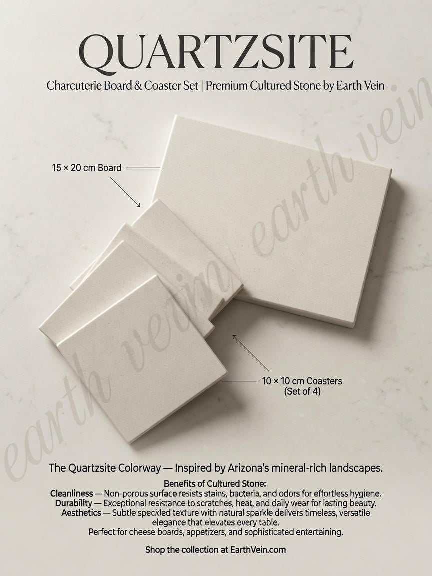 Quartzsite — Charcuterie Board set in light speckled cultured stone, with one serving board and four matching coasters