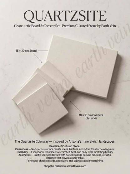 Quartzsite — Charcuterie Board set in light speckled cultured stone, with one serving board and four matching coasters