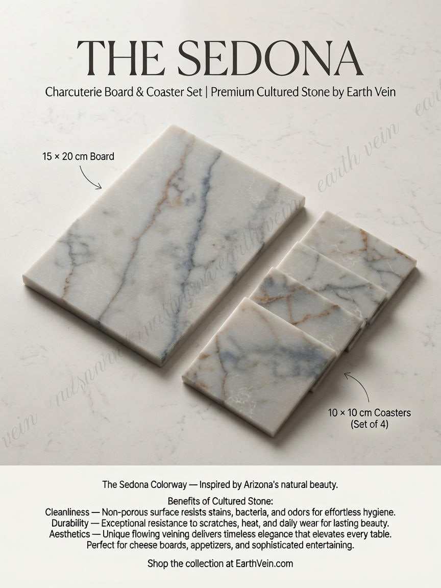 Sedona — Charcuterie Board in white cultured stone with grey veining, paired with four matching coasters