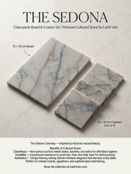 Sedona — Charcuterie Board in white cultured stone with grey veining, paired with four matching coasters