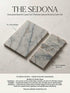 Sedona — Charcuterie Board in white cultured stone with grey veining, paired with four matching coasters