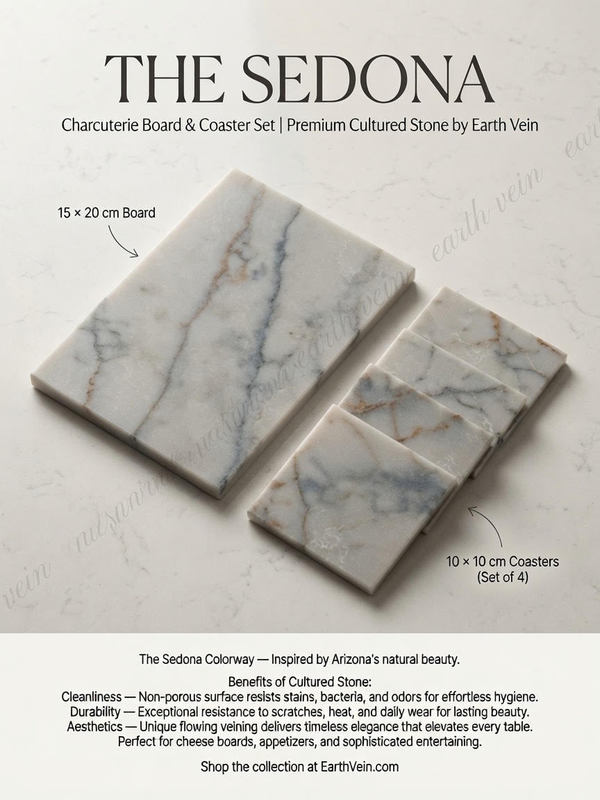 The Sedona — product dimensions showing 15x20cm board and 10x10cm coasters set of 4