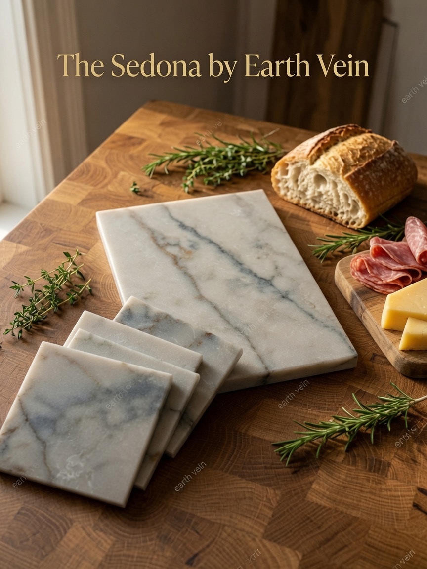 The Sedona board and coasters on a wooden surface with herbs and bread