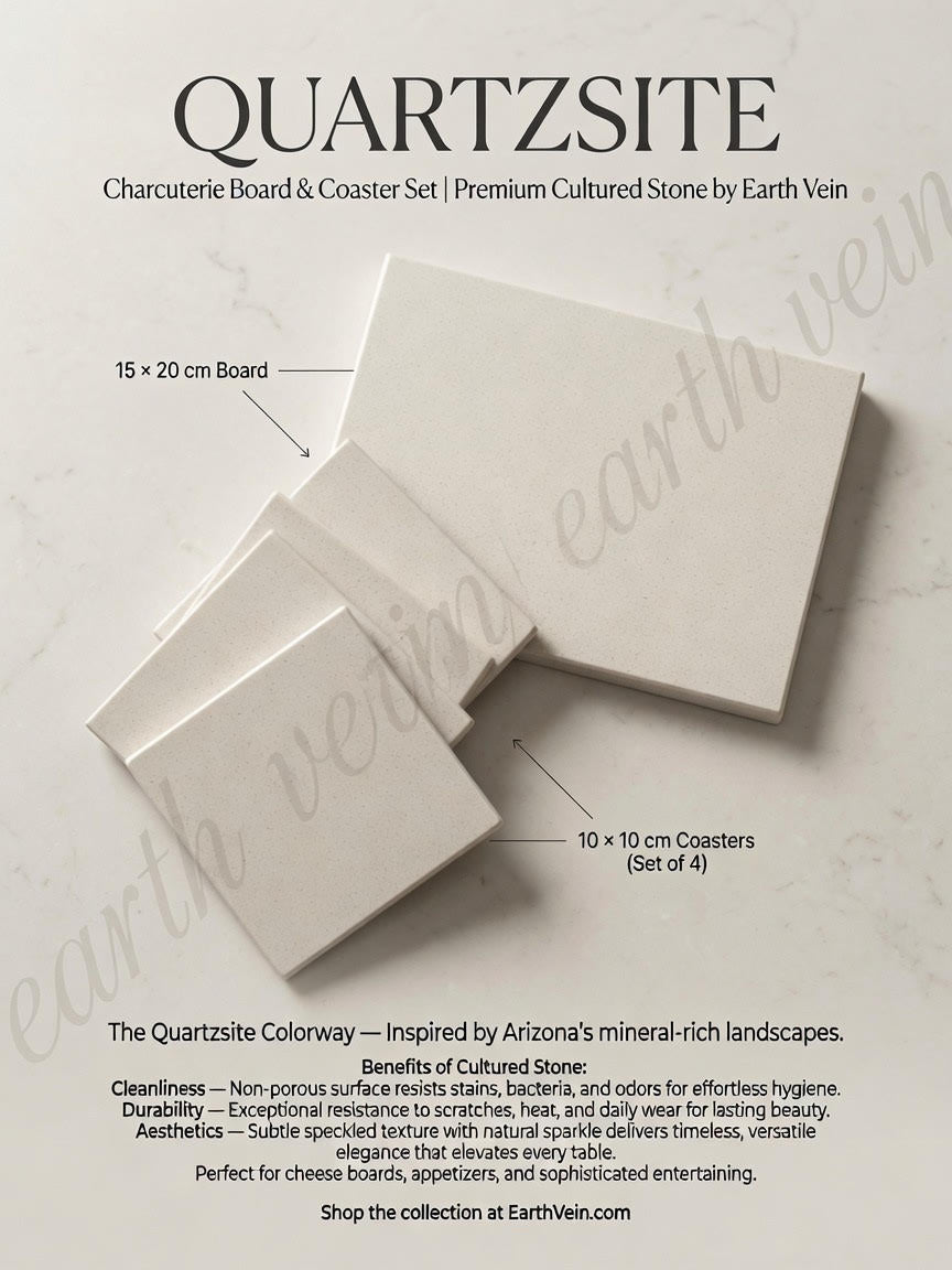A product information graphic for the Earth Vein Quartzite Charcuterie Board &amp; Coaster Set. The image shows two white rectangular stone pieces on a light beige textured background with text labels indicating sizes: a 15 x 20 cm board and a 10 x 10 cm coaster set of 4.